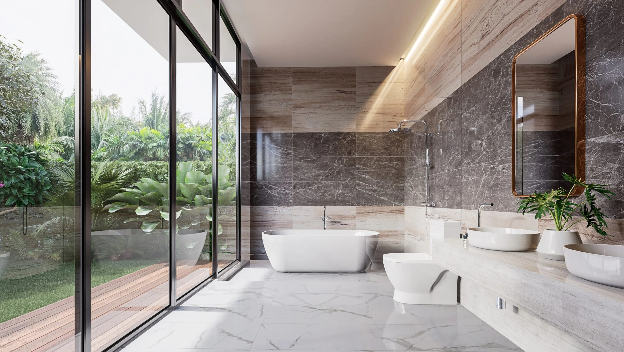 Luxurious bathroom interior with marble walls and floor, featuring double sinks, a freestanding bathtub, and large windows overlooking a lush garden.